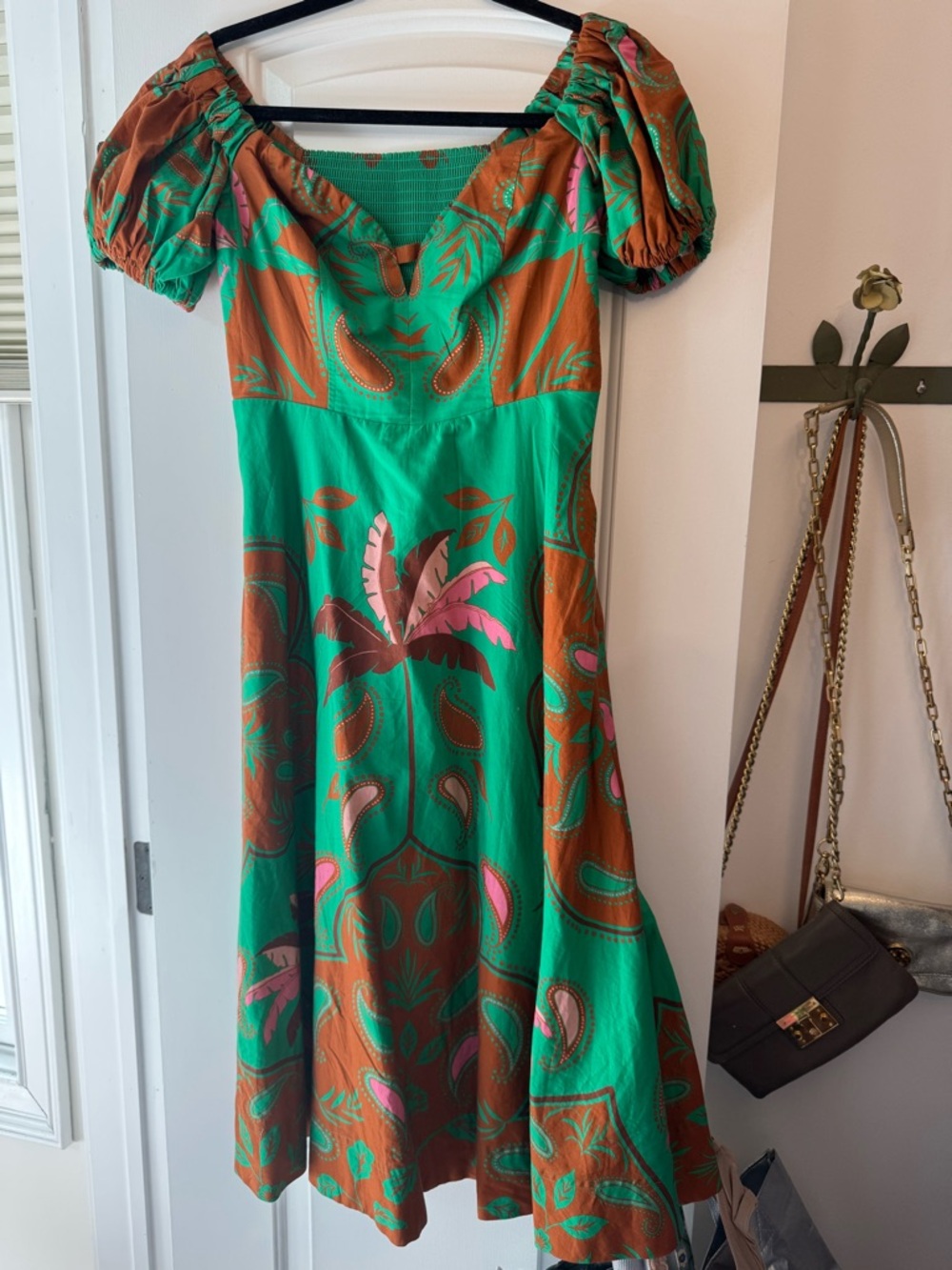 Maeve Anthropologie Green Tropical Print Midi Dress Puff Sleeve Size 6